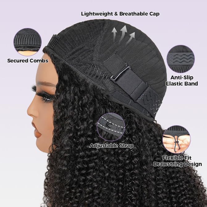 Moxuan Afro Curly 20in Half Wig - Glueless 3-in-1 Drawstring Clip-in Headband, Natural Black