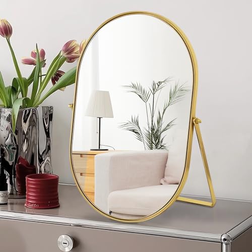 Adjustable Oval Vanity Mirror with Gold Metal Frame - Tabletop Makeup & Room Decor