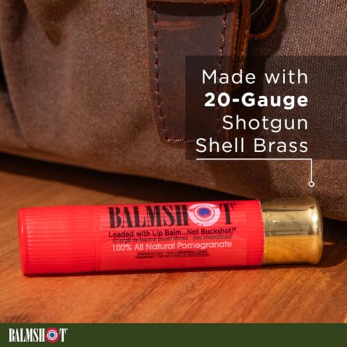 BALMSHOT Pomegranate Lip Balm SPF 15 ? Natural Beeswax Chapstick, Moisturizing Lip Protector for Very Dry Lips, 20-Gauge Brass Shotgun Shell Case, Outdoor Heat Tolerant, Made in USA