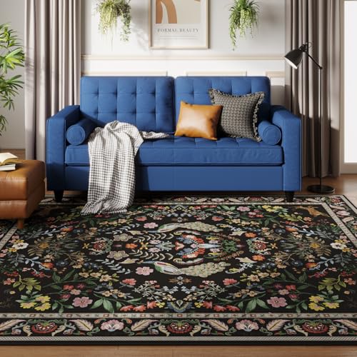 Rugcomf 6' x 9' Floral Area Rug – Washable, Non-Slip Backing, Vibrant Black