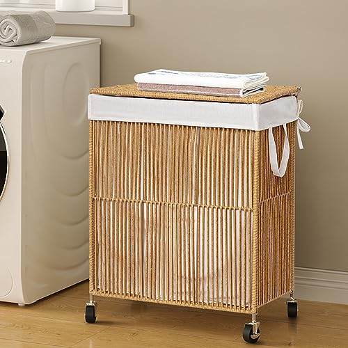 115L Rolling Laundry Basket with Wheels and Lid - Handwoven Double Compartment Hamper