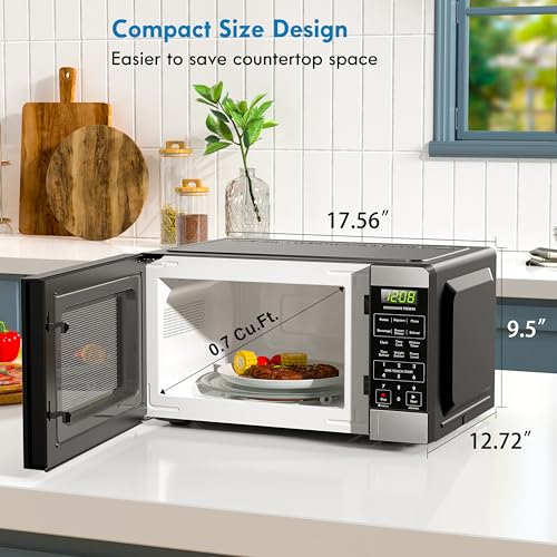 Stainless Steel Countertop Microwave 0.7 Cu Ft 700W with 6 Auto Presets & Child Lock