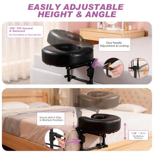 Adjustable Bed Massage Headrest with Armrest for Post-Surgery Recovery - Portable Face Down Pillow, Fits 6-17 Inch Mattresses, Black