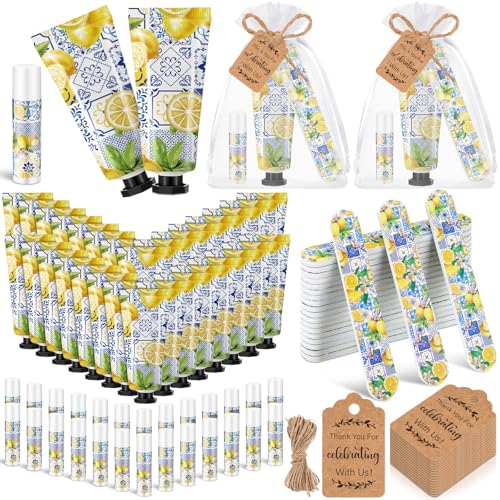 Leelosp 50 Sets Lemon Party Favors Hand Cream Lip Balm Nail File Gift Set