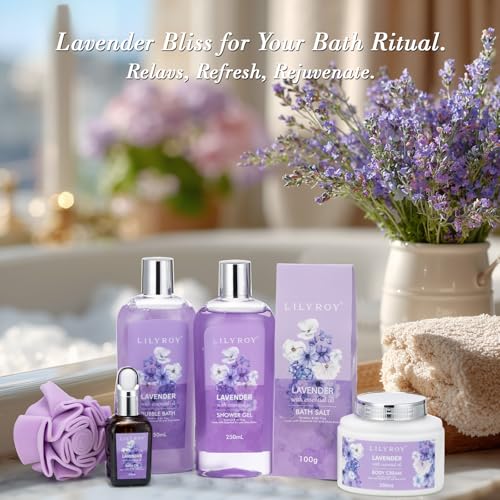 Lavender Spa Gift Set for Women - 7-Piece Birthday Gift for Mom, Relaxing Bath Basket