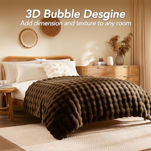 Faux Rabbit Fur Throw Blanket - 90x90 Inches, Cocoa Brown, Reversible & Ultra Soft