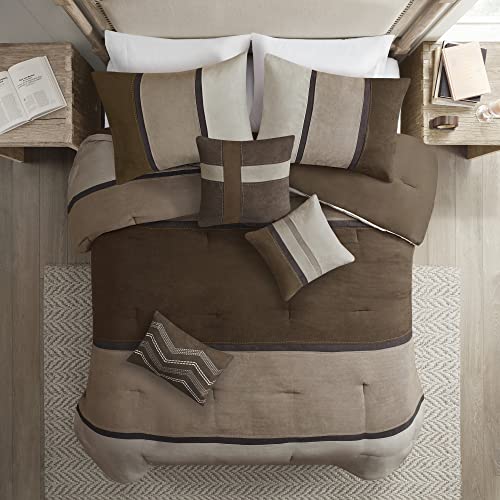 Madison Park Queen Faux Suede Comforter Set 7pcs - Brown & Pieced Design