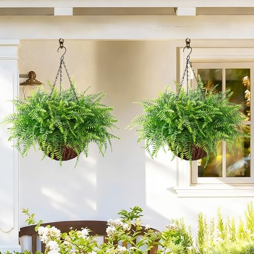 Fake Hanging Fern Plants Outdoor 2 Pack - Green faux Indoor & Outdoor Decor