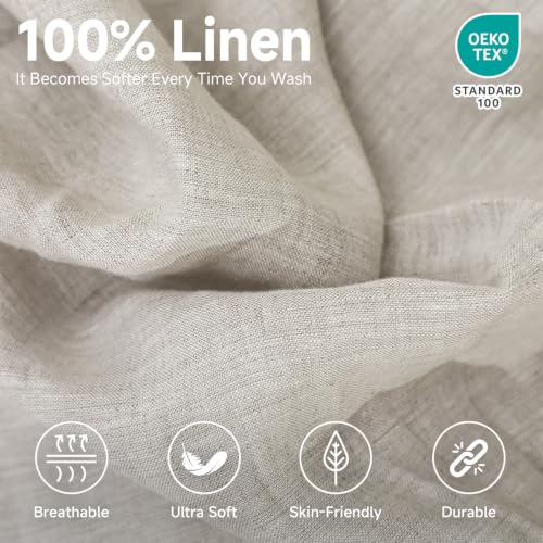 Full Linen Fitted Sheet - 14 Inch Deep Pocket, Breathable French Flax, Soft & Durable