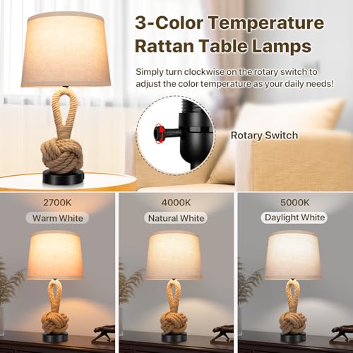 22-Inch Hemp Rope Nightstand Lamps Set of 2 with USB Ports - Boho Rattan Bedside Lamps, 3 Color Temperatures, Includes Bulbs - Natural Variation of THIS listing