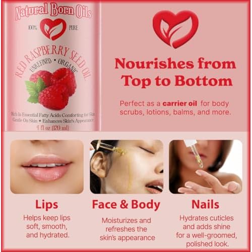 Natural Born Oils Red Raspberry Seed Oil, 4oz, Organic, Cold-Pressed Carrier Oil, Rich in Antioxidants, Ideal for Skin Hydration & Hair Nourishment