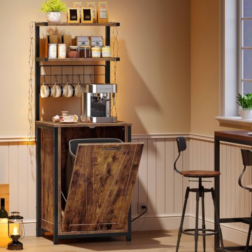 Bakers Rack with Power Outlet and Trash Can Storage - Kitchen & Dining Organizer