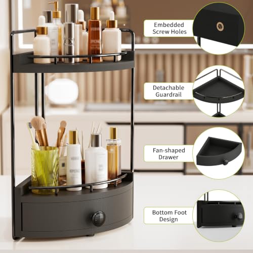 2-Tier Corner Bathroom Counter Organizer with Drawer - Black