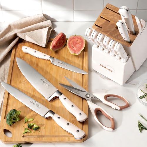 14-Piece Kitchen Knife Set with Block and Sharpener - Full Tang German Stainless Steel, Ergonomic Handles, Dishwasher Safe