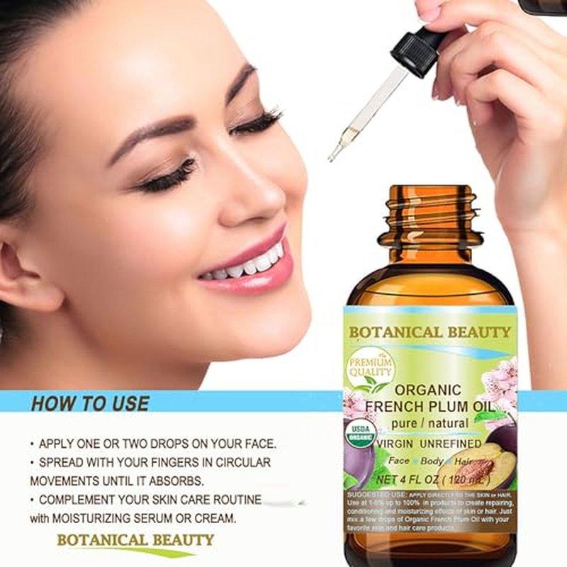 Botanical Beauty Organic French PLUM OIL 100% Pure Natural VIRGIN UNREFINED Cold-Pressed Carrier Oil for Face, Skin, Body, Hair, Lip, Nails. Rich in Vitamin E, Omega 6, Omega 9 (4 Fl Oz)