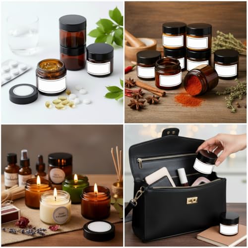 Layhit 60pcs 2 oz Glass Jars with Lids Bulk, Small Jars Containers Travel Storage Jar with Inner Liners Labels for Candle Scrubs, Lotions, Cream, Lip Balm (Amber,Black Lids)