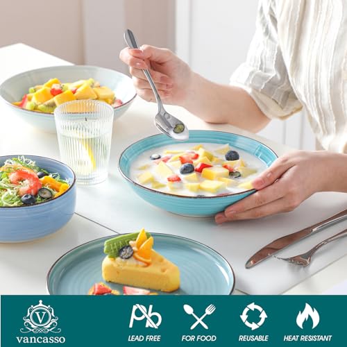 Blue Stoneware Dinnerware Set for 6 - 24 Pieces with Bowls, Plates & Variation