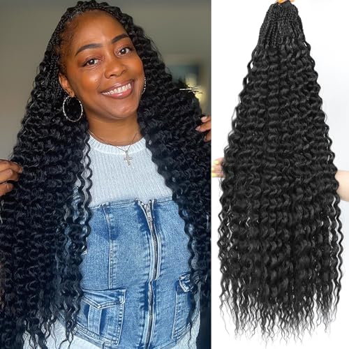 Deep Wave Crochet Hair 24 Inch 7 Packs Mermaid Box Braids for Black Women - Water Wave Synthetic Hair, Goddess Braid Style, Variations of 24 Inch (7 Packs) / 1B