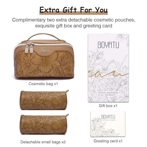 Travel Makeup Bag Set of 3 - Brown Floral Cosmetic Organizer with Handle