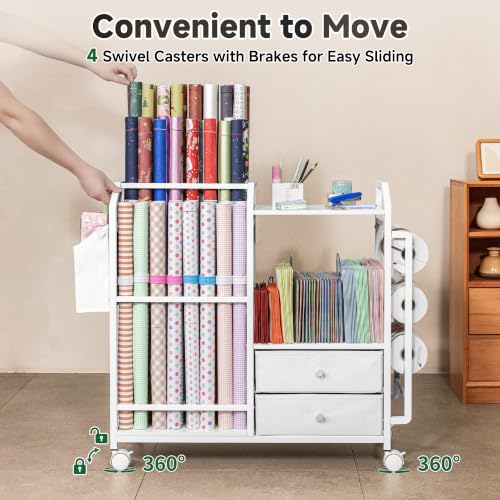 Aquzee White Large Wrapping Paper Storage Cart with Drawer & Ribbons