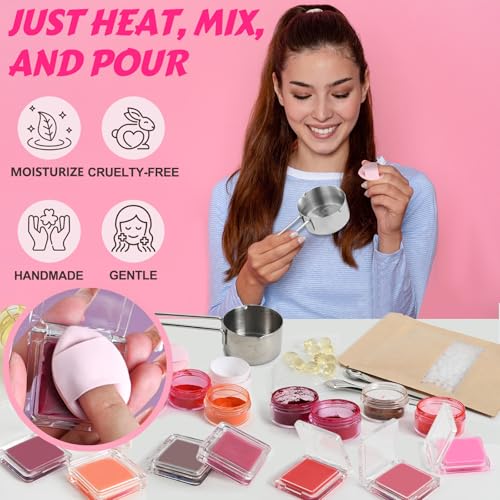 JCOOS DIY Blush Kit, 8 Colors Make Your Own Cream Blush Making Kit, for Cheeks, Face, Eyeshadow, Lip Dewy Finish with Beeswax, Sweet Almond Oil, Pigment, Containers, Puff Makeup Friend Gifts for Women