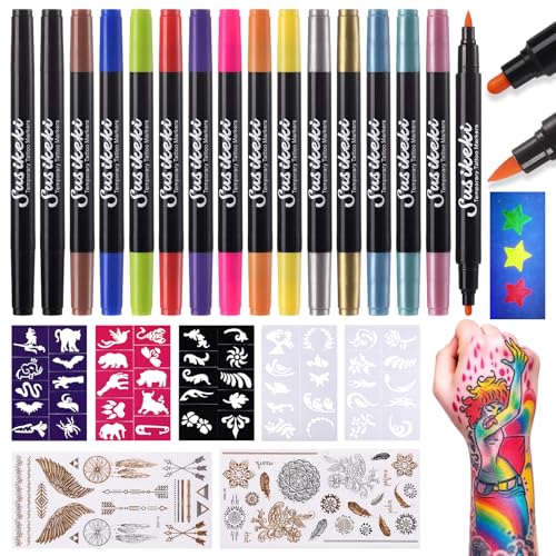 Temporary Tattoo Markers for Skin, 15 Dual Tip Fake Tattoo Pens ? Glitter, Matte, Neon Glow Body Marker with 50 Paint Stencils & 43 Stickers, Washable Markers for Teens & Adlut