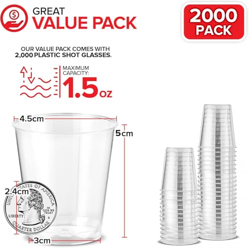 2000 Pack 1.5 oz Clear Plastic Shot Glasses - Disposable Party Cups for Jello Shots & Tasting
