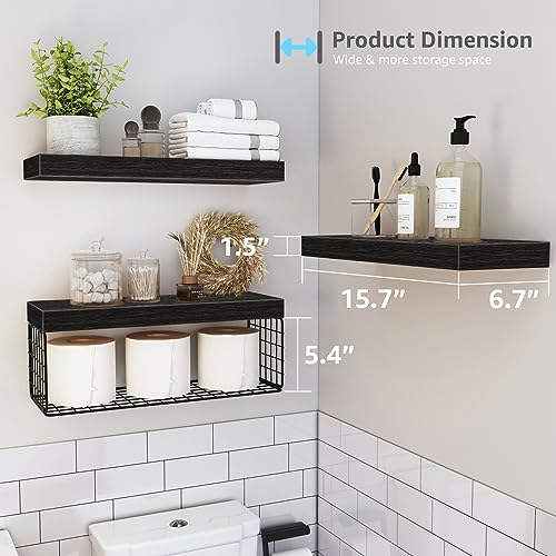 QEEIG Bathroom Shelves Over Toilet Wall Mounted (Black, Set of 3,