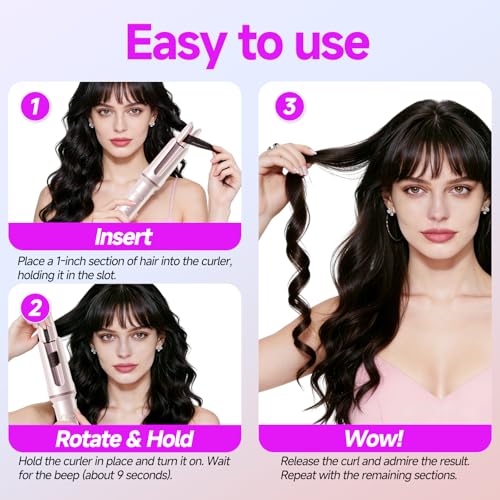 Automatic Curling Iron 1.25" Rotating Wand Pink 4 Temp Ionic Ceramic Safety