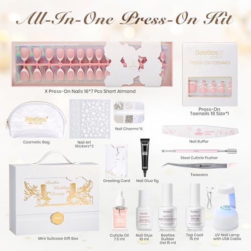 Beetles French Tip Press On Nails - Wedding Beauty Box | Short Almond Press On Nails Kit | 16 Sizes 224 Pcs All-in-One Kit With Nail Glue,Builder,Top Coat,Nail Lamp,Nail Tools Gift