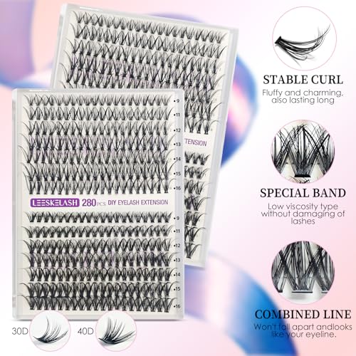 Lash Clusters Kit Individual Eyelash Extension Lashes Wispy Waterproof DIY Cat Eye, with Lash Bond Seal Tweezers 30D&40D 280PCS 9-16mm