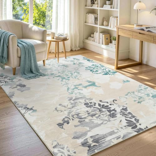 9x12 Beige Washable Non-Slip Area Rug for Living Room - Vintage Style