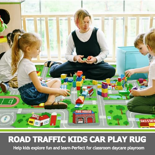 Kids Traffic Road Playmat Carpet - Non-Slip City Map Rug for Toddler Playroom, 6.6'x9.8' Green