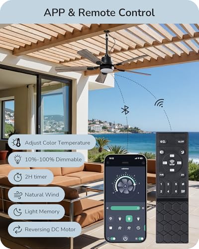 Outdoor Ceiling Fan with Light Black 52 Inch Remote Control Waterproof 5200 CFM