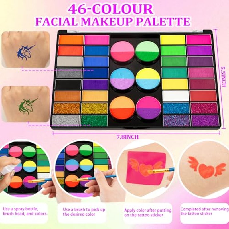 69 Colors Face Painting Kit for Kids - Non-toxic water-activated paint palette with glitter makeup palette, stencils, brushes, Gems, puff. for Kids Party Cosplay Halloween Christmas Carnival.