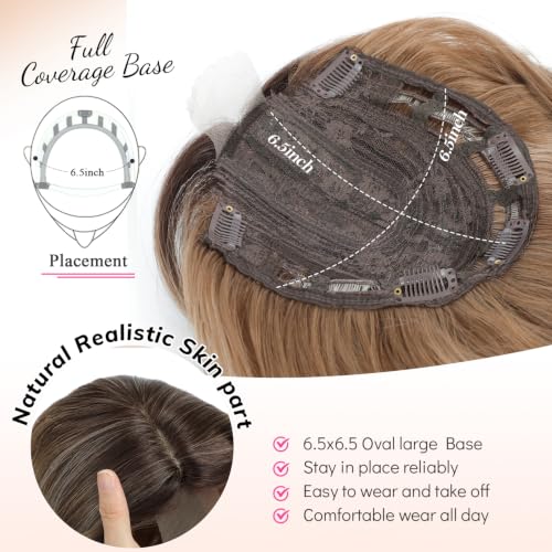 Light Brown Blonde Highlights Hair Topper 20 Inch Wavy Curly for Thinning Hair