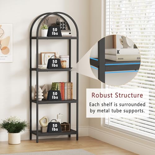 Black 4-Tier Arched Bookcase - Industrial Open Shelving Unit, 71.3" Tall