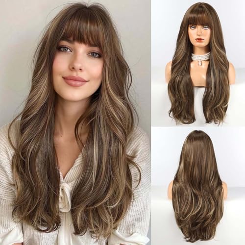 HAIRCUBE Long Brown & Blonde Highlight Curly Wig 22 Inch Synthetic Daily Use