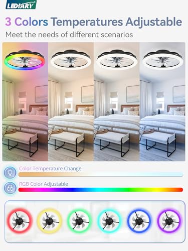 LEDIARY 20 Inch Black RGB Ceiling Fan with Lights & Remote, Dimmable Modern Flush Mount