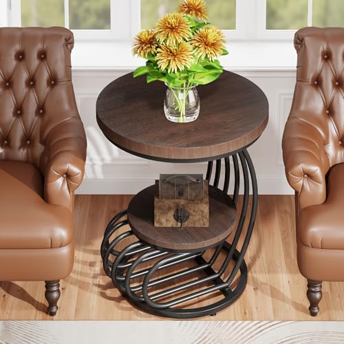 Rustic Brown Round End Side Table with 2-Tier Storage - Arc-Shaped Frame