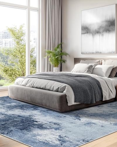 Amada 8'x10' Dark Blue Abstract Washable Area Rug for Living Room