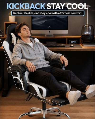 Dowinx White Ergonomic Gaming Chair with Footrest & Massage Lumbar, 150° Recline, 2D Armrests, Headrest Pillow, Supports 330lbs