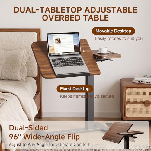GTPLAYER Walnut Pneumatic Adjustable Standing Desk with Wheels - 28 Inch Tiltable Mobile Laptop Table for Home Office or Bedside