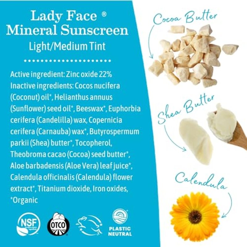 Earth Mama Lady Face¢ç Tinted Mineral Sunscreen Face Stick SPF 40 Light/Medium Tint | Contains Organic Shea & Cocoa Butter | Foundation + Concealer Blends with Most Skin Tones