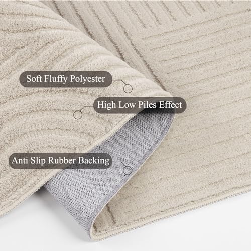 SHACOS Beige 5'3"x7'3" Fluffy Geometric Area Rug - Non Slip Washable Modern Carpet