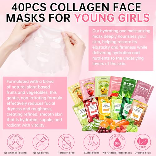 40Pcs Collagen Face Masks Skincare Set for Women, Spa Face Mask with Collagen Extract, Bulk Facial Mask for Teen Girls, Korean Face Mask Sheet Gift for Sensitive Skin, Daily Hydrating Skincare Routine