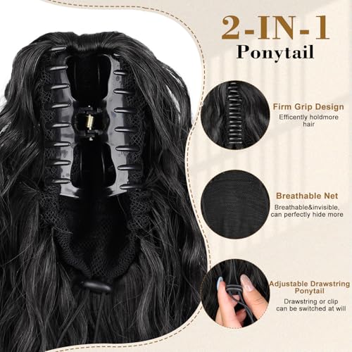 Black 26 Inch Curly Ponytail Extension with Claw Clip - Natural Look