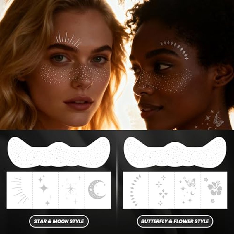 30PCS Glitter Freckles Face Tattoos & Face Gems Set, Classic Silver Glitter Temporary Tattoos for Valentine's Day Makeup, Fake Freckles Face Glitter for Women¡¯s Rave Outfits & Accessories