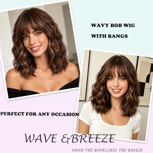 Brown Highlights Blonde Wig with Bangs - 14 Inch Wavy Bob Hair for Women - WAVE&BREEZE