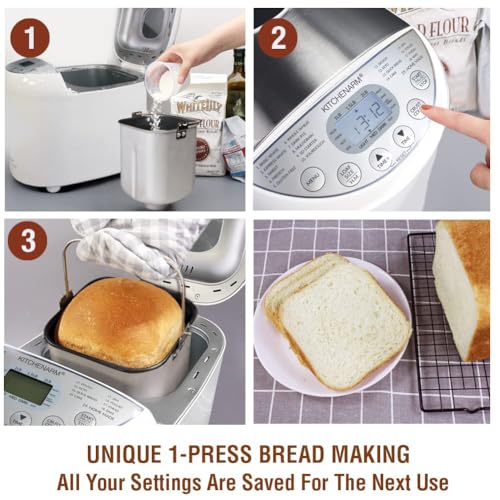 KITCHENARM 19-in-1 Bread Maker with 3 Loaf Sizes & Stainless Steel Lid, White